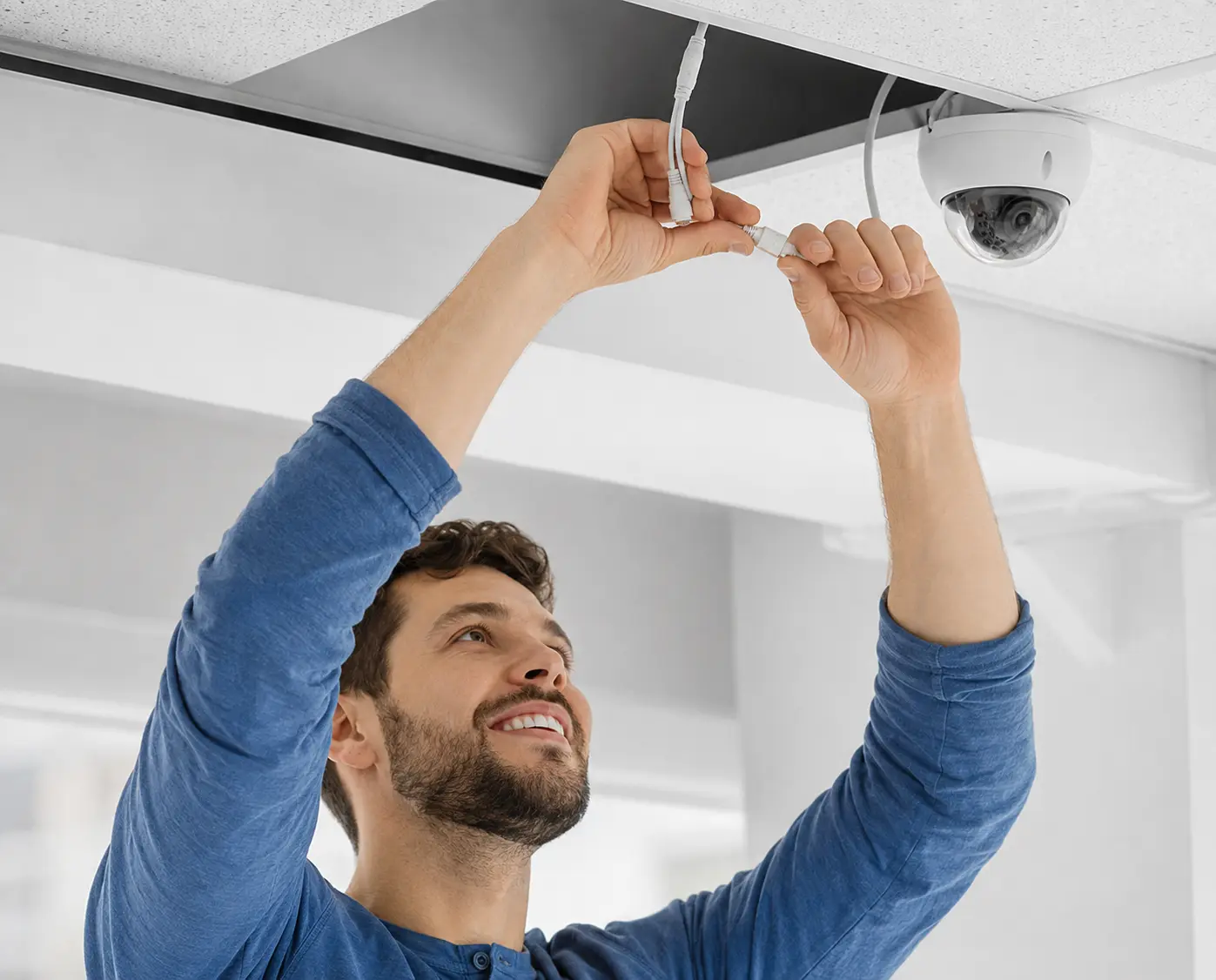KI-generiertes Foto: Fachtechniker verbindet eine Dome-Überwachungskamera unter einer hellen Decke